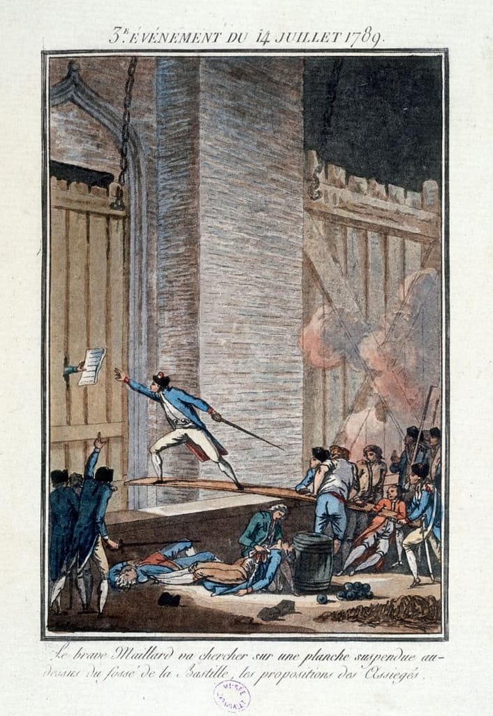 Maillard traverse la planche au-dessus du fossé pour récupérer les propositions de capitulation de la Bastille, 14 juillet 1789