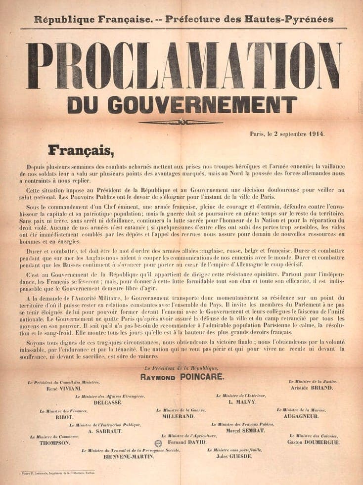 Réfugiés 1914 — proclamation du gouvernement Poincaré quittant Paris septembre 1914