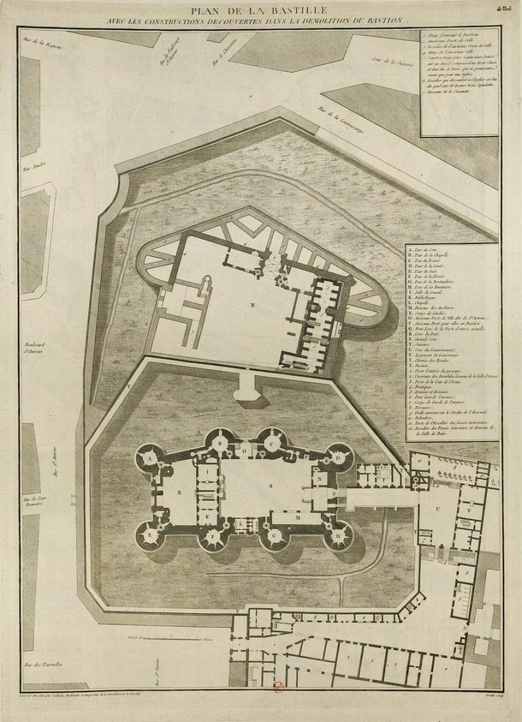 Plan de la Bastille sous le gouvernorat de De Launay, avec le jardin privatisé au nord de la forteresse, 14 juillet 1789