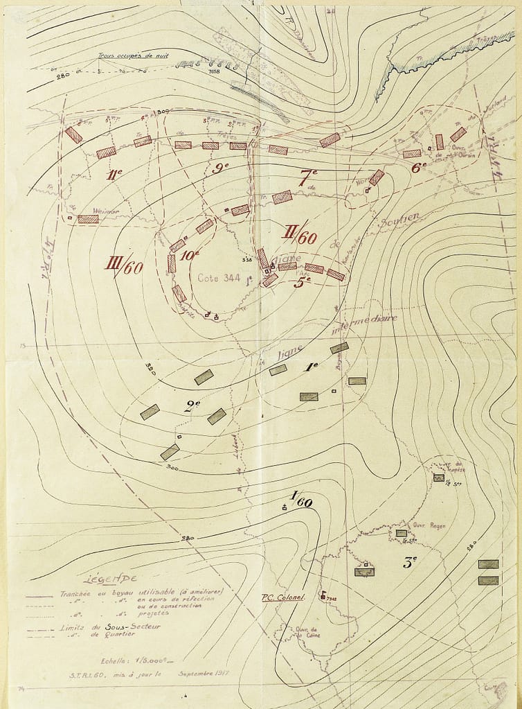 Plan du sous-secteur de la cote 344 tenu par le 60e régiment d'infanterie, Verdun, septembre 1917
