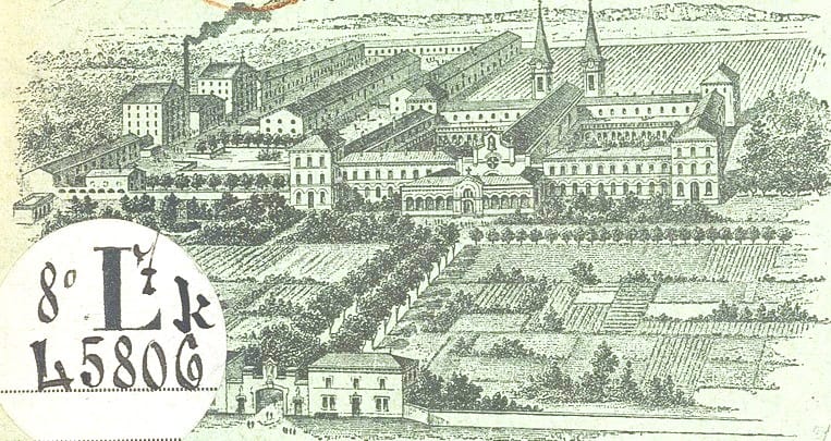 Vue de l'abbaye Notre-Dame des Dombes et de ses terres cultivées, gravure de 1922