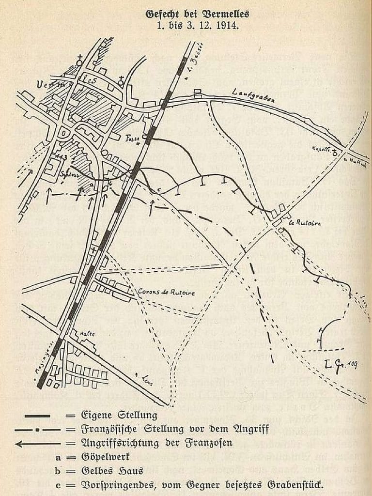 114e régiment badois — carte tactique du combat de Vermelles 1er-3 décembre 1914