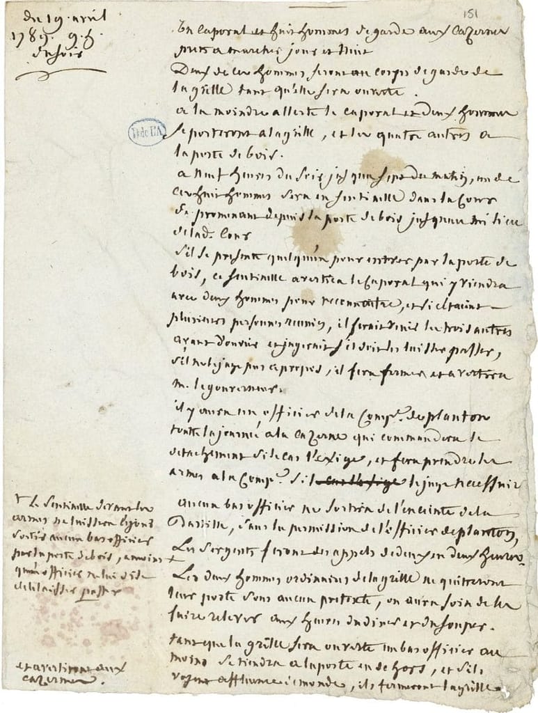 Règlements de la Bastille — ordre de service de la garnison, 19 avril 1789, manuscrit original