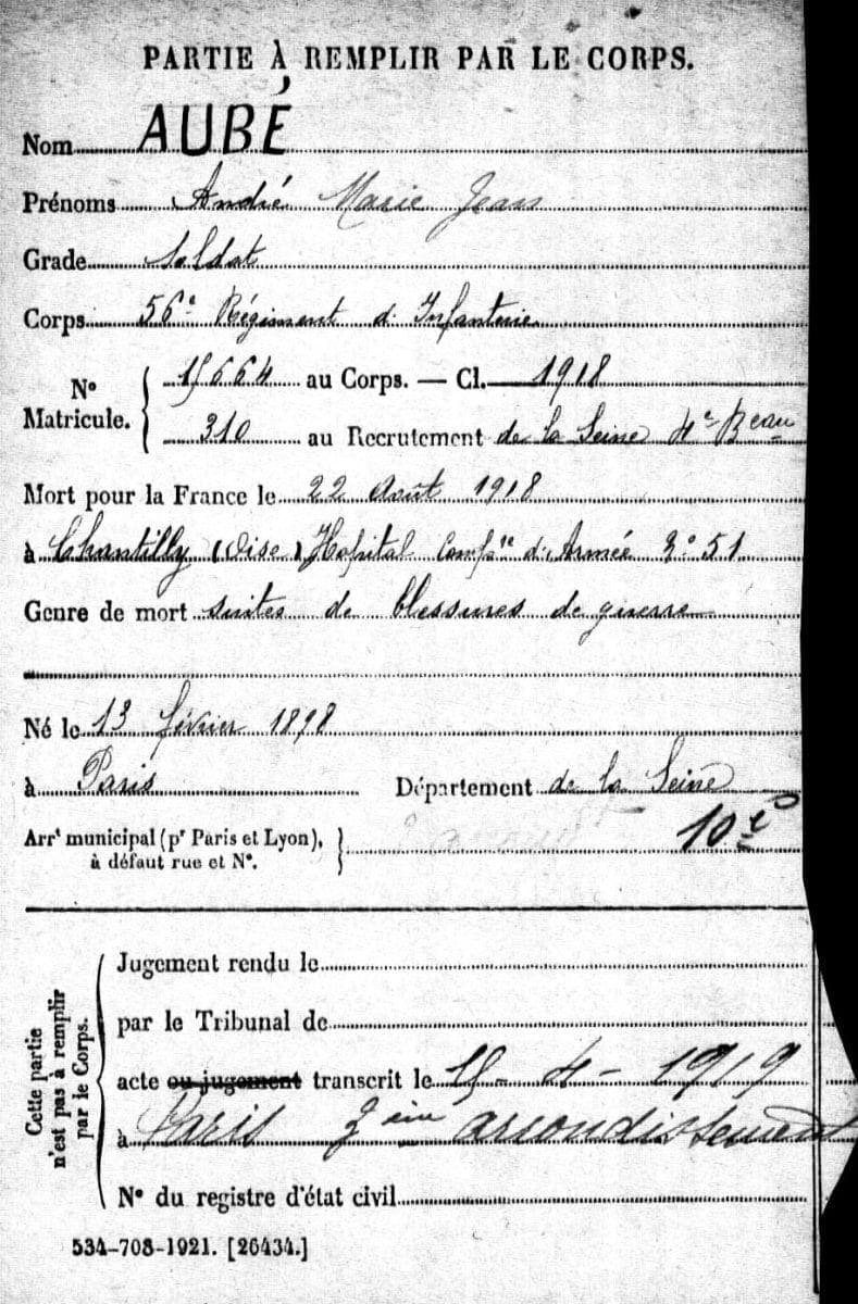 Fiche matricule individuelle d'André-Marie-Jean Aubé, soldat au 56ᵉ Régiment d'Infanterie, mort pour la France le 22 août 1918 à Chantilly