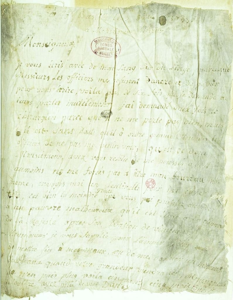 Lettre de Jean-Henry Latude écrite avec son sang sur un morceau de chemise à la Bastille