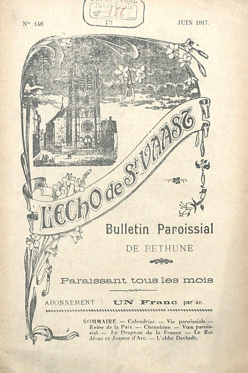 Page de couverture de L'Écho de Saint-Vaast, bulletin paroissial de Béthune, n° 146 de juin 1917, qui publia le testament spirituel de l'abbé Paul Decludt deux mois après sa mort à Berry-au-Bac.
