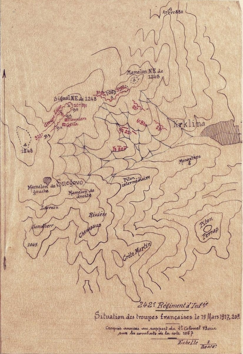 Croquis manuscrit au 1/20 000e dressé par le Lieutenant-colonel Boril, situation des troupes françaises du 242e Régiment d'Infanterie le 19 mars 1917 à 20 heures, secteur de la cote 1067, Snegovo, Krklina et Mamelon N.E. de 1248, front d'Orient, Macédoine.