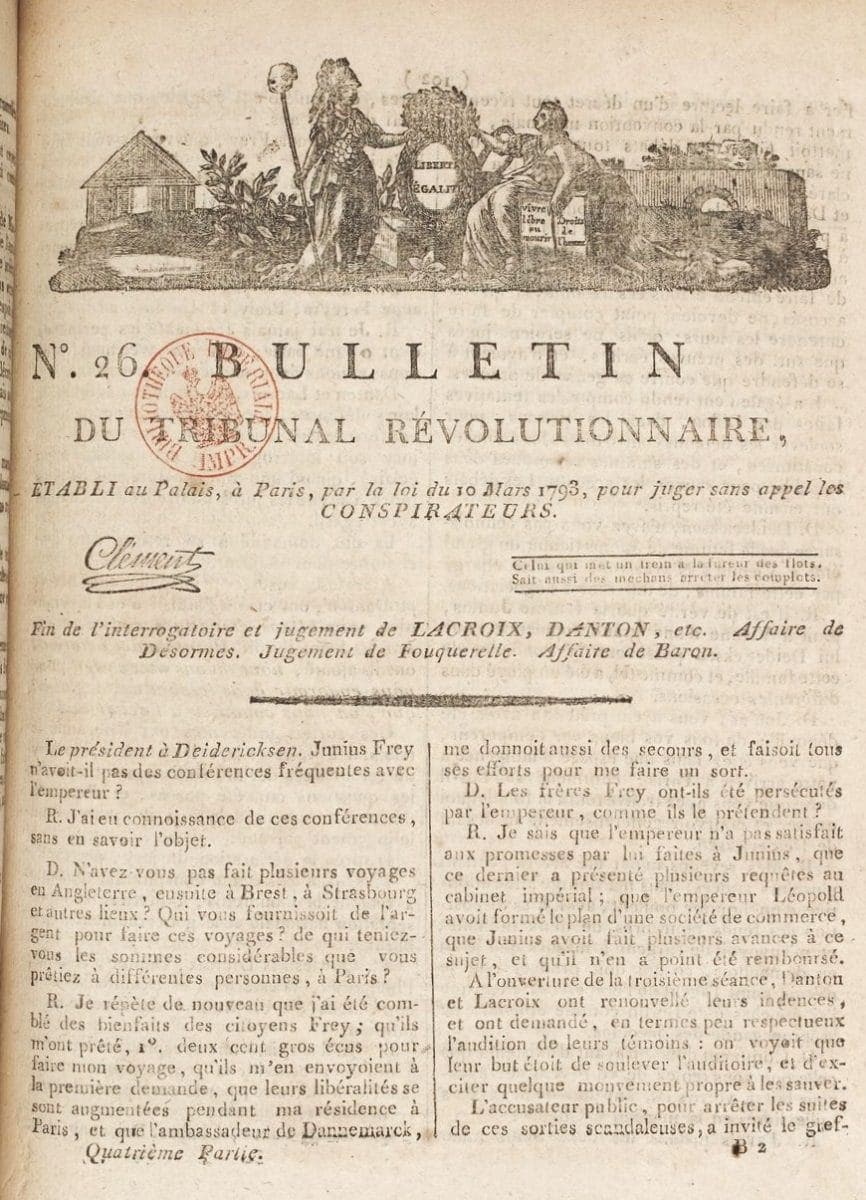 Bulletin du Tribunal révolutionnaire n°26 — jugement de Danton, Lacroix et Camille Desmoulins — germinal an II 1794