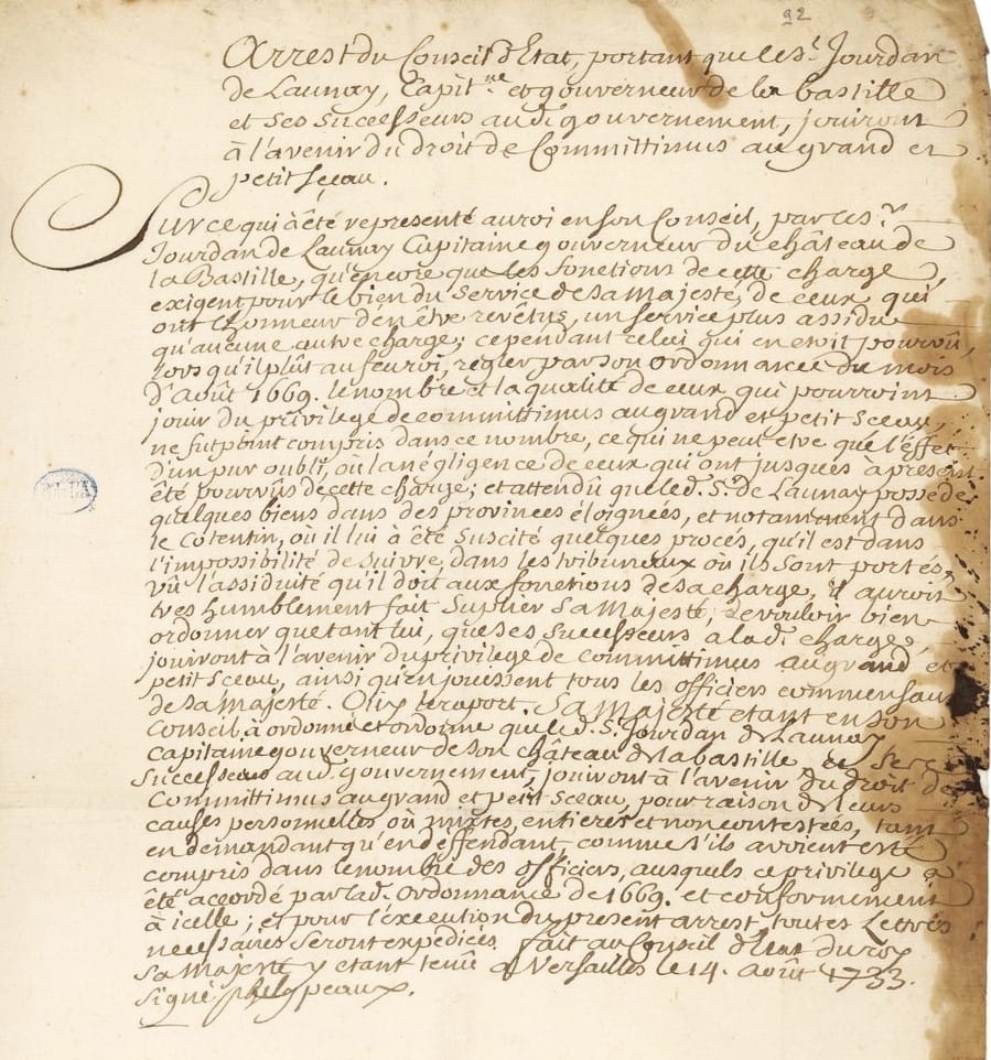Arrêt du Conseil d'État accordant le committimus à De Launay, gouverneur de la Bastille, 1733