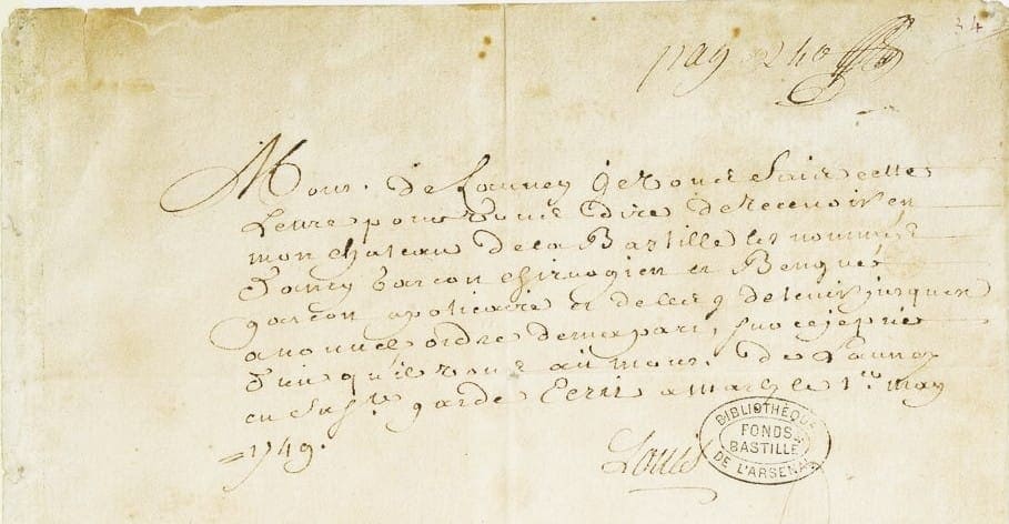 Ordre royal de 1749 ordonnant l'embastillement de Jean-Henry Danry, futur Masers de Latude