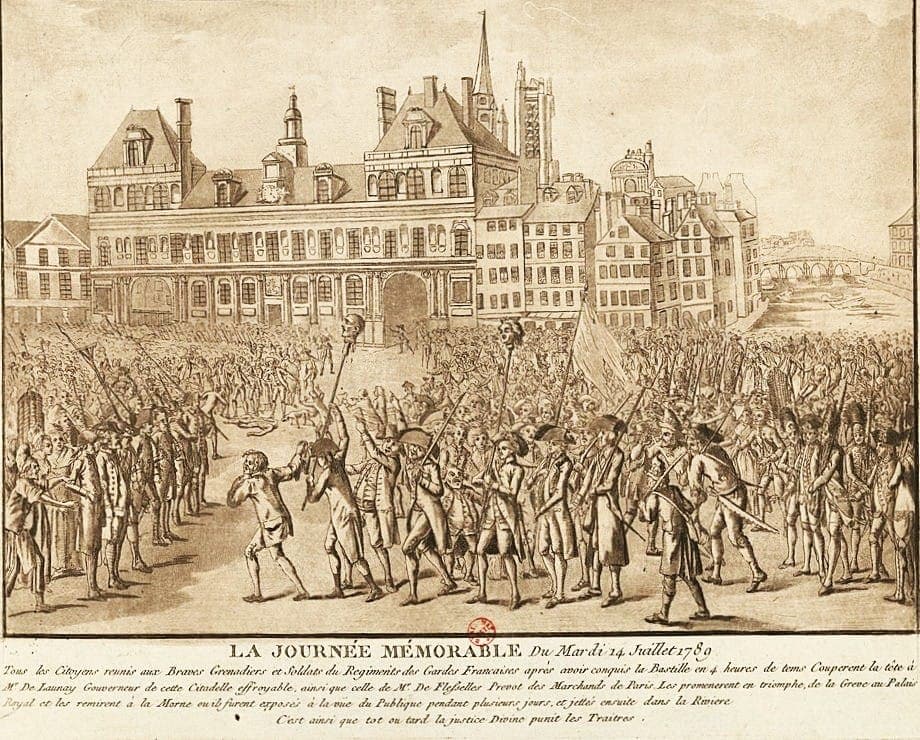 Soldats suisses de la Bastille conduits place de Grève où les têtes de De Launay et Flesselles sont portées en triomphe, 14 juillet 1789