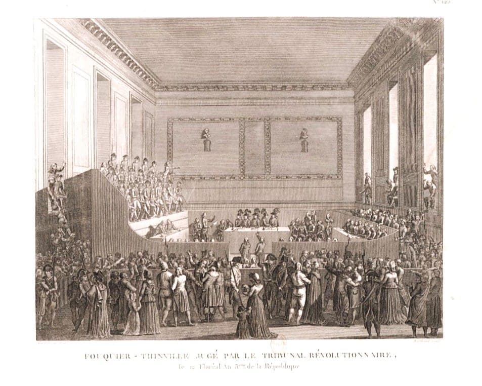 Condamnés du Tribunal révolutionnaire de Paris — salle d'audience où furent prononcées les 2 787 condamnations à mort. Fouquier-Tinville jugé le 12 floréal an V.